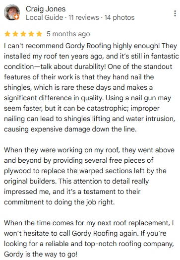 gordy roofing company google review